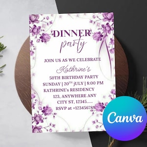 Elegante lila Einladung zum 70. Geburtstag | Bearbeitbare Frauen Lavendel Blumen Vorlage | Jeder Alter druckbare Geburtstag einladen