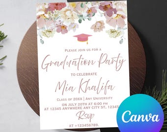 Wildflower Graduation Party Invitation Template, Pink Floral Invite (Digital Download)