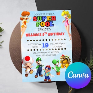 Mario Bros invitation, birthday invite boy girl, Super Mario pool party invitation, instant download, Video Game Birthday invite template