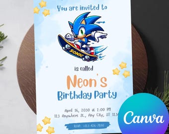 May include: A birthday party invitation featuring Sonic the Hedgehog on a skateboard. The invitation has a light blue background with star accents and the text "You are invited to" and "Neon's Birthday Party". The Canva logo is in the bottom right corner.