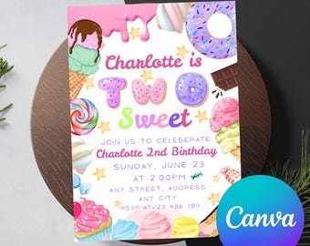 Two Sweet Birthday Invitation, Girl 2nd Birthday, Candy Donut Theme (Editable Canva Template)