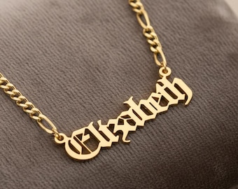 Custom Old English Name Necklace, 14K Gold Plated Figaro Chain, Gothic Personalized Jewelry