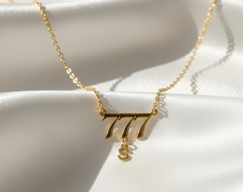 Angel Number 777 Necklace Gold, Initial Charm Necklace, Dainty Spiritual Jewelry