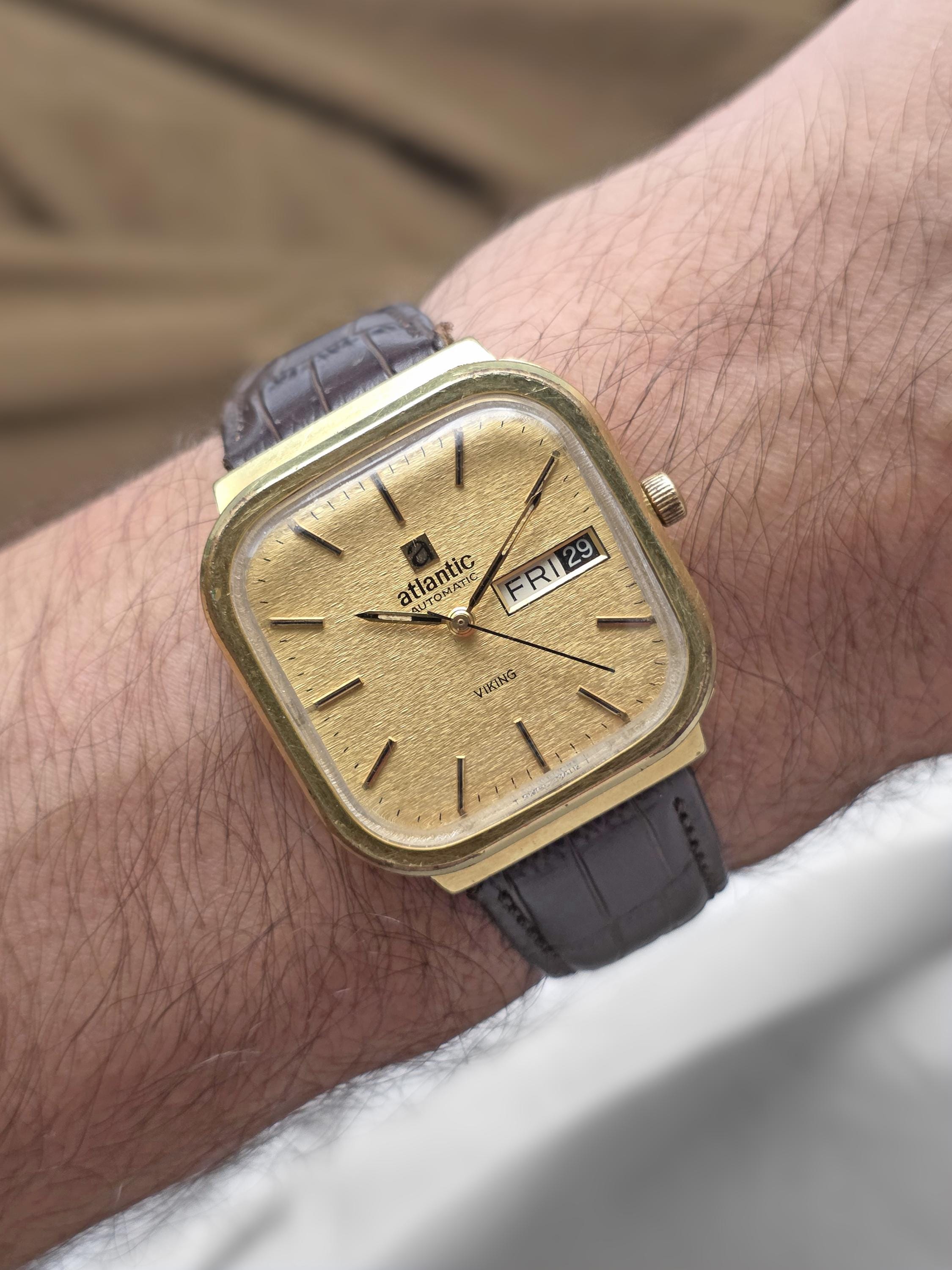 Vintage 1970s Atlantic Viking Automatic Swiss Made Gold Cushion