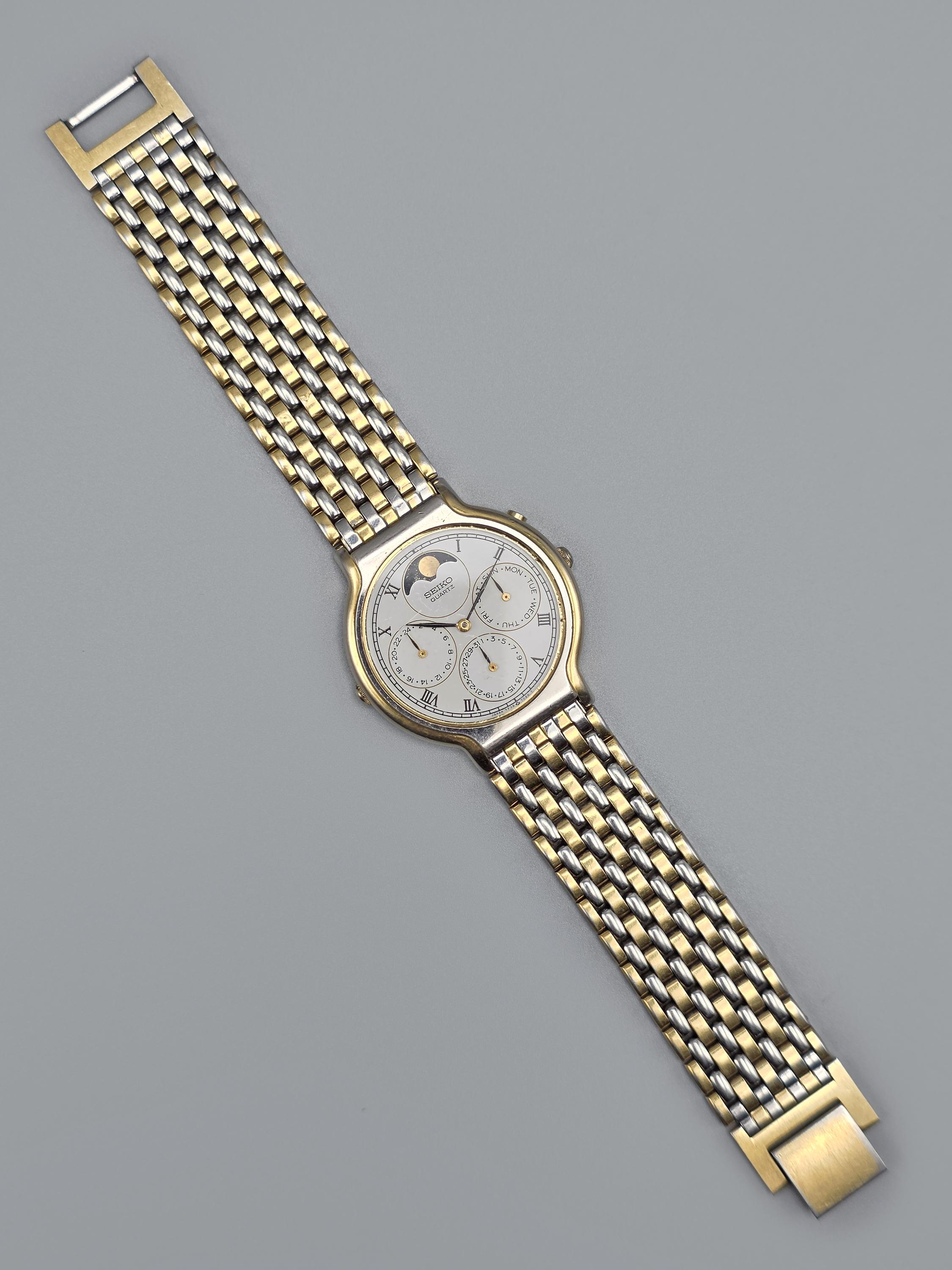 May 1988 Seiko 7F38-7020 Quartz Moonphase Triple Calendar Roman