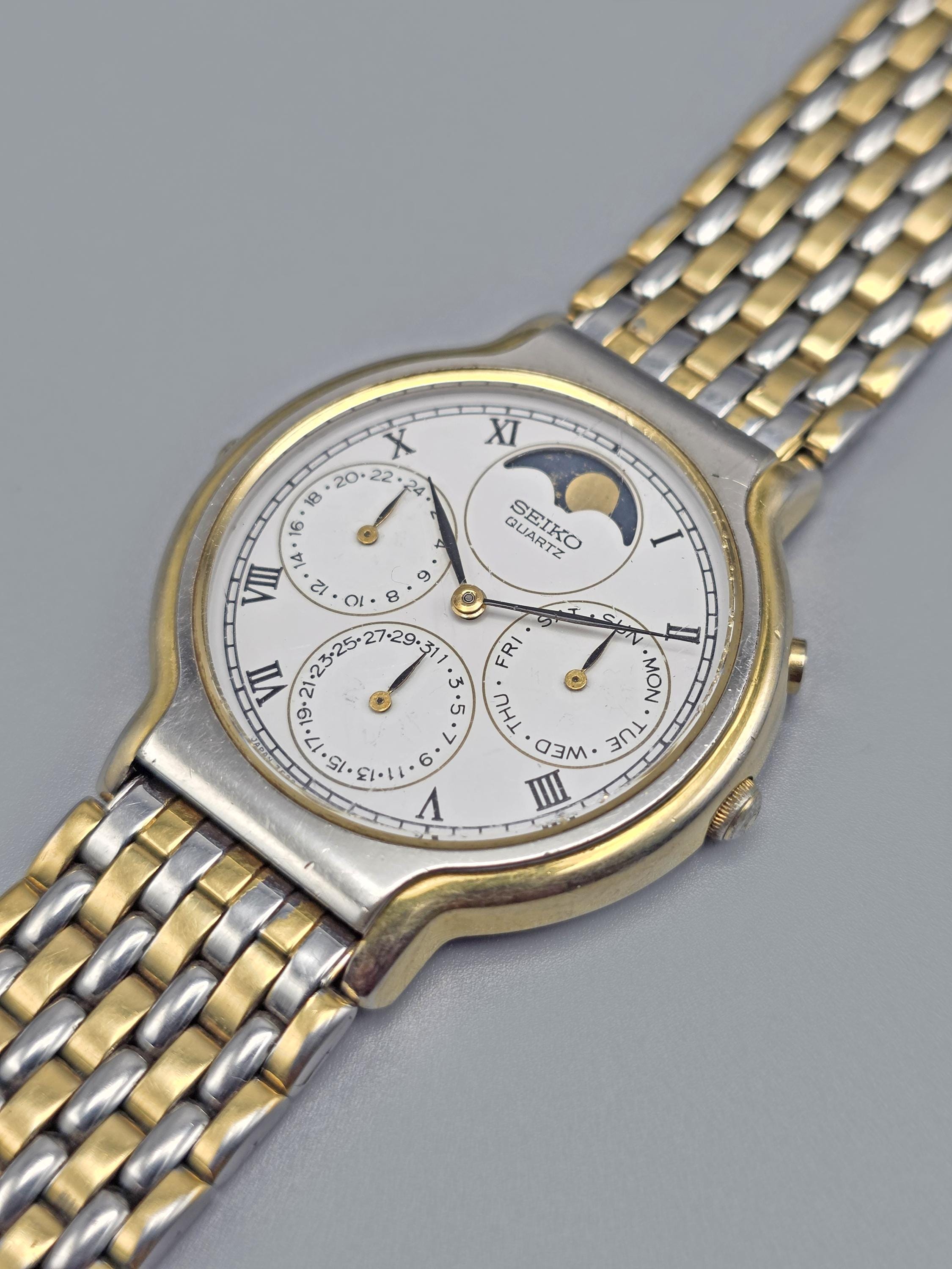 May 1988 Seiko 7F38-7020 Quartz Moonphase Triple Calendar Roman