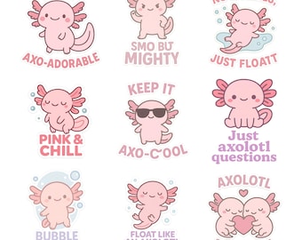 Ensemble PNG Kawaii Axolotl | Dessins clipart amusants (téléchargement numérique)