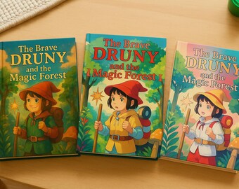 Könnte beinhalten: Drei Kinderbücher mit dem Titel "The Brave Druny and the Magic Forest" werden gezeigt. Jeder Buchumschlag zeigt ein illustriertes Kind mit Stab und Rucksack. Die Bücher sind in Blau-, Grün- und Rosatönen gehalten.
