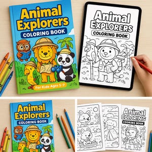 Animal Explorers Coloring Book – Printable Animal Adventure Pages for Kids Ages 5-7 – Digital Download PDF