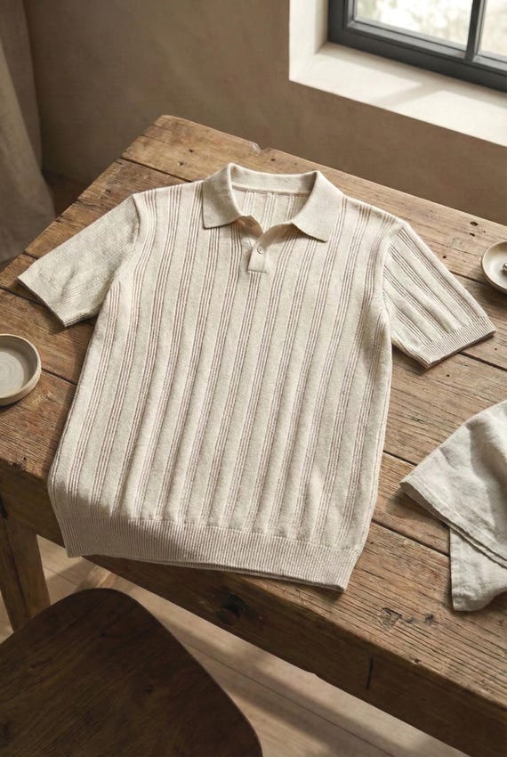 Old Money Knit Polo Shirt: Beige Cotton Blend, Mediterranean Style