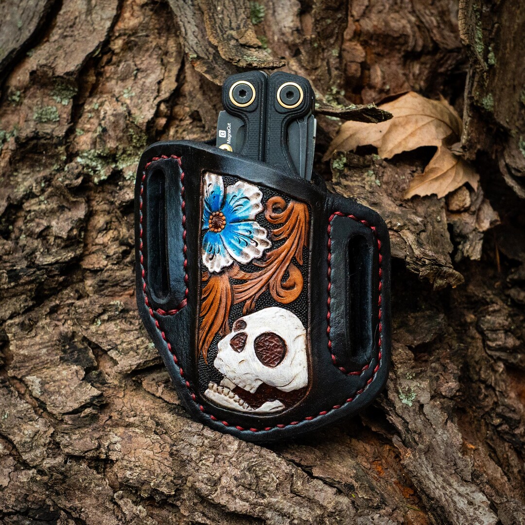Leatherman Wave Alpha Sheath, Left Hand, Black, Hand Carved Skull ...