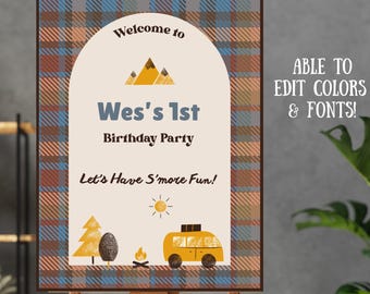 Editable "One Happy Camper" First Birthday Welcome Sign | S'mores Fun Theme | Camping and Adventurer Birthday Sign | Canva Template