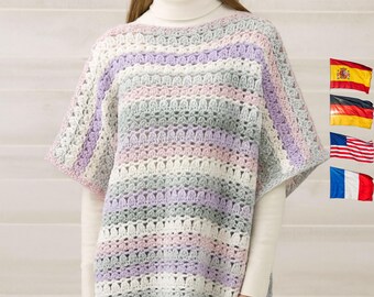 Handmade Crochet Poncho Top – Pastel Striped Boho Sweater