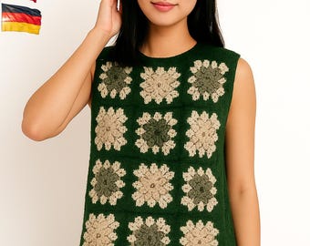 Colete quadrado de crochê feito à mão para avó: blusa de malha boho verde