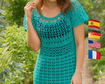 Handmade Turquoise Crochet Dress – Boho Lace Knit Cover-Up
