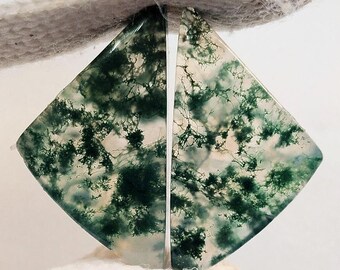May include: Two matching, diamond-shaped gemstones. The stones are translucent with a white base and intricate patterns of dark green, resembling moss or foliage. The gemstones are held against a white background.