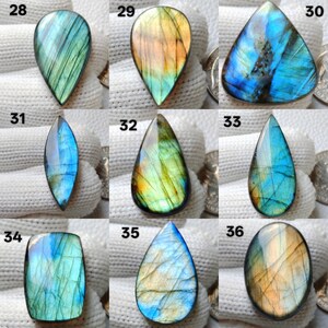 May include: A collection of nine polished labradorite gemstones in various shapes, including teardrop, oval, and rectangular. The stones display iridescent colors of blue, green, and gold, with visible internal patterns. Each stone is numbered for identification.