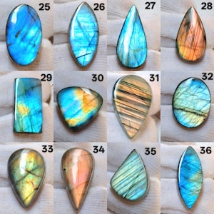 Pu&ograve; includere: Una collezione di pietre preziose di labradorite lucidata in varie forme, tra cui ovale, a goccia e rettangolare. Le pietre mostrano lampi iridescenti di blu, verde, arancione e giallo. Ogni pietra &egrave; numerata.