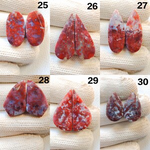 May include: A collection of six pairs of polished gemstones, each with a unique shape and pattern. The stones display a mix of red, blue, and white hues, with variations in veining and color distribution. The gemstones are presented against a white background.