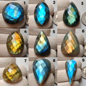 Op de afbeelding: Negen gefacetteerde labradoriet edelstenen in verschillende vormen. De edelstenen vertonen iriserende flitsen van blauw, groen en goud. Elke steen is geslepen om zijn unieke kleurenspel te laten zien.