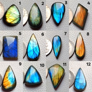 Op de afbeelding: Een verzameling van twaalf gepolijste labradoriet edelstenen in verschillende vormen. De stenen vertonen iriserende kleuren, waaronder blauw, geel, oranje en groen. Elke steen is uniek, met verschillende patronen en kleurencombinaties.