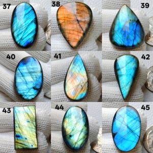 May include: Nine polished labradorite gemstones in various shapes, including oval, teardrop, and rectangular. The stones display iridescent flashes of blue, green, and orange. Each stone is numbered for identification.