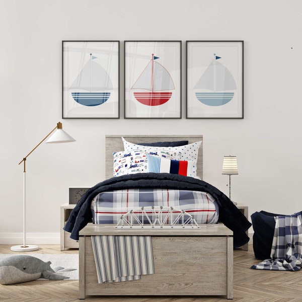 Sailboats Wall Art - Set of 3 - Red White and Blue for Nursery, Kids Room or Playroom - Digital Download