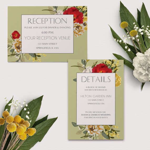 Peony Wedding Invitation Set Green Wedding Invitation Red Etsy