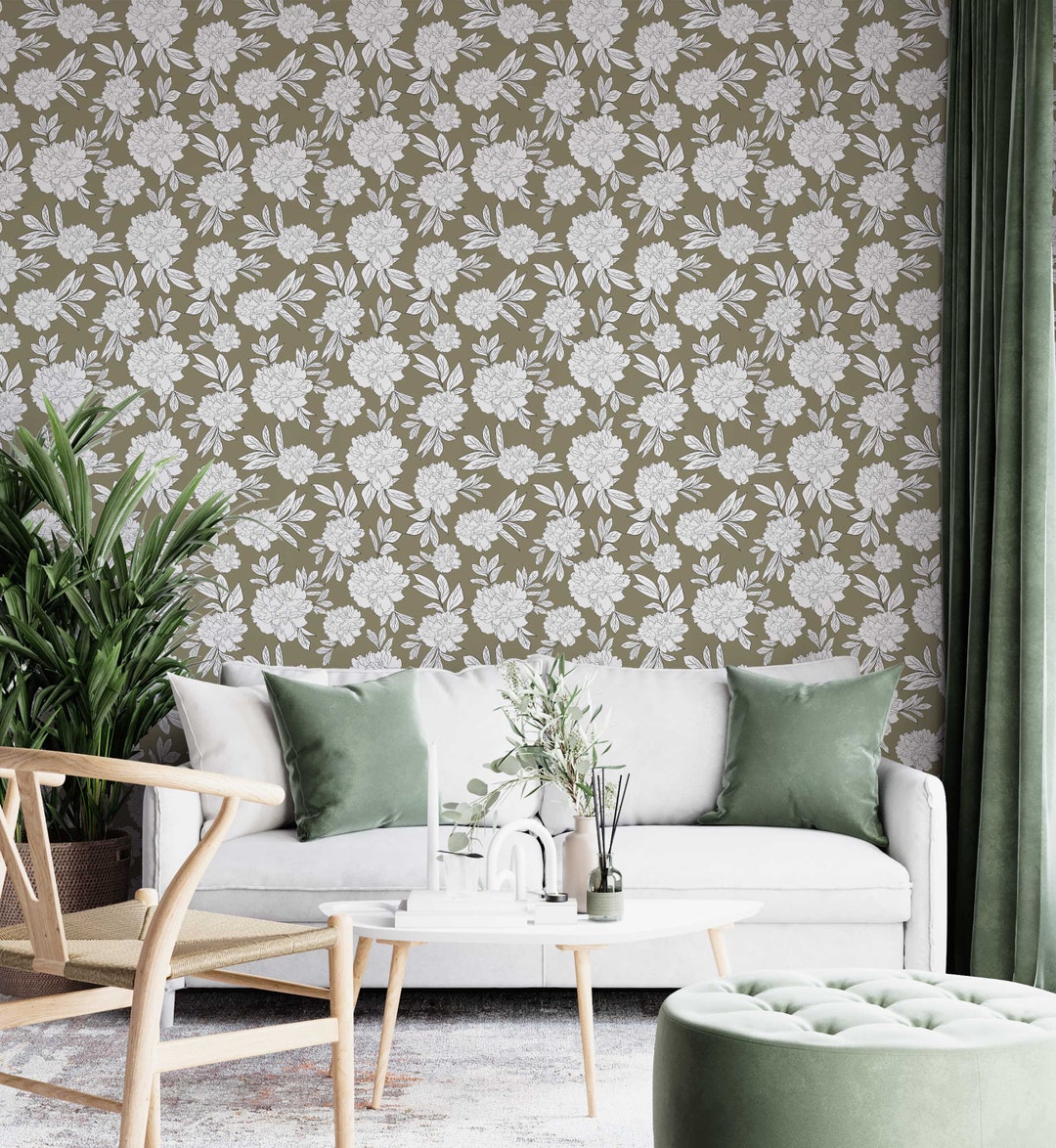 Peel and Stick Wallpaper in Peonies Flower Design #01 While & Olive ...