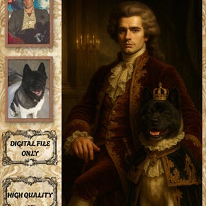 以下が含まれることがあります： カスタムポートレート。金色のトリムが付いたバーガンディ色のコート、白いフリルシャツ、パウダーウィッグを着た男性。王冠とケープを身に着けた黒い犬が彼の隣に座っています。画像には2つの額入りの肖像画と「CUSTOM PORTRAIT」、「DIGITAL FILE ONLY」、「HIGH QUALITY」というテキストが含まれています。