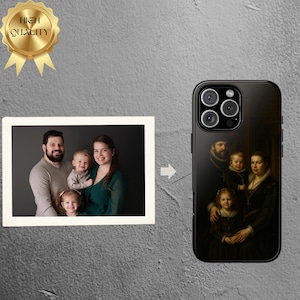 May include: Black phone case featuring a family portrait in the style of a classic painting. The case has a glossy finish and a camera cutout. A photo of a family is shown next to the phone case.