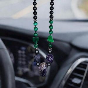 Car Protection Amulet – Amethyst, Malachite, Onyx, Hematite Rearview Mirror Charm, Gift for Driver