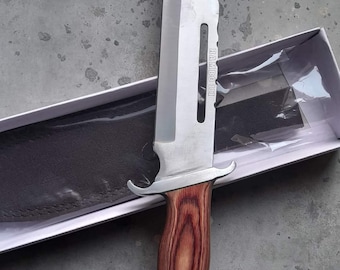 RAMBO III Bowie-mes, handgesmeed roestvrijstalen filmreplica met leren schede