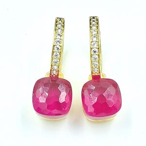 Pink Ruby Gemstone Earrings With Moissanite 14k Solid White Gold Earrings For Her
