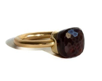 Anillo de piedra preciosa de granate rojo en plata de ley 925 con baño de oro, anillo de aniversario para ella