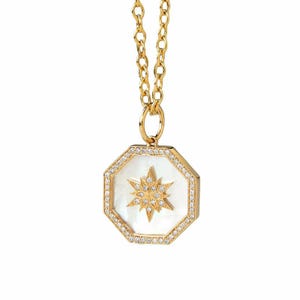 Colgante de oro macizo de 14 quilates con nácar y octágono morado para mujer
