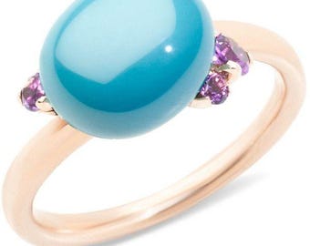 Anillo de turquesa con amatista diminuta en plata de ley 925 bañado en oro. Regalo de aniversario.