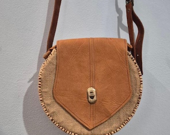 Leather & Raffia Crossbody Bag – Boho Round Purse from Marrakech