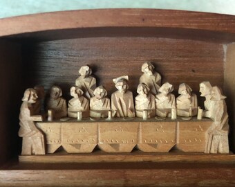 Hand Carved Wooden The Last Supper Diorama Box, Christian Decor