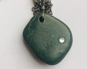 Teal River Rock Sterling Silver Necklace, Swarovski Crystal Pendant