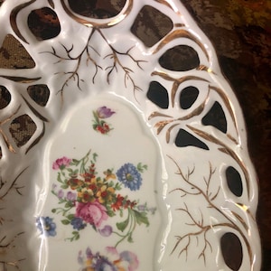 Antique Porcelain Serving Dish Kuno Steinmann Tiefenfurt K.St.T Germany Lattice Floral Gold Oval Tray