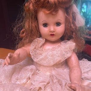 Vintage Doll Adorably Creepy with Fancy Lace Dress 18&quot; tall