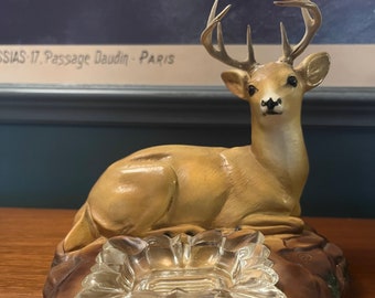 Chalkware Deer Ashtray MCM Pottery Stag Figurine Vintage Mid Century Decor Trinket Dish