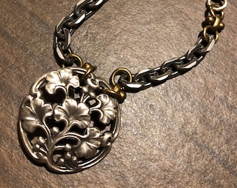 Button Necklace Vintage Floral Filigree Multi Color Chain Silver Pendant