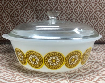 Vintage Glasbake Casserole Dish, 2 Qt Milk Glass with Gold Medallion Lid