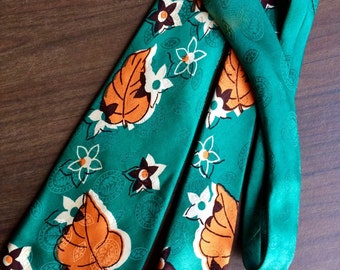 Vintage Men's Silk Neck Tie Tropical Theme Green and Orange Mid Century Mod Style by Pilgrim Father's Day Gift