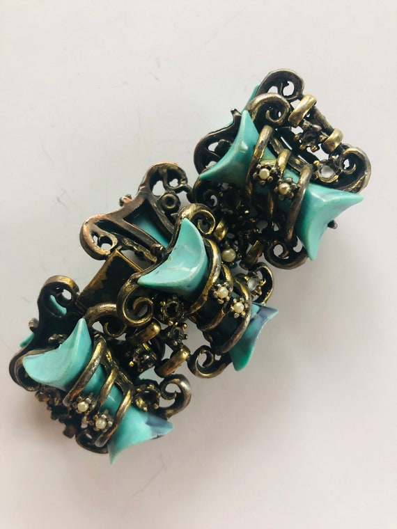 Chunky Vintage Bracelet Ornate Brass and Faux Turquoise With Pearl