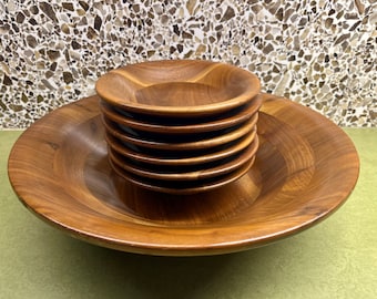 Vintage Walnut Salad Bowl Set: Extra Large Bowl with 6 Small Bowls