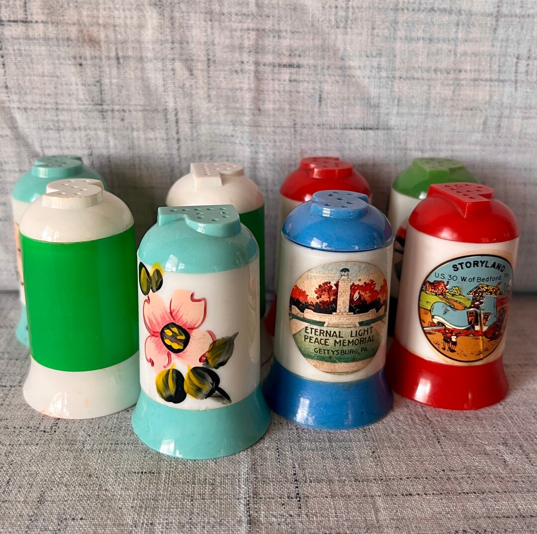 Vintage Salt and Pepper Shakers Celluloid Souvenir Shakers 4 Sets