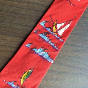 Vintage Men&#39;s Neck Tie Fishing Theme Beautiful Hand Painted Mid Century Style with Sailboat, Waves and a Fish on the Line Father&#39;s Day Gift
